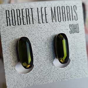 Robert Lee Morris Olive Green Faceted Crystal Vintage Clip Earrings Gold Tone